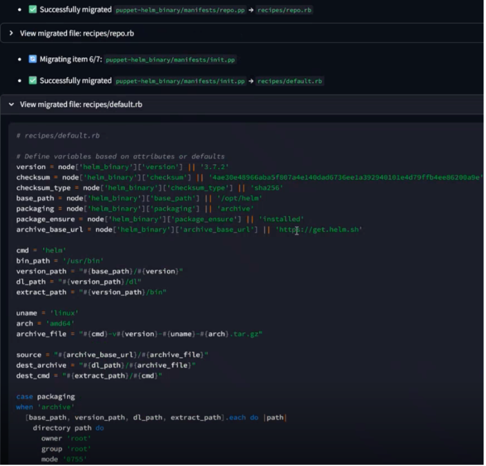 A UI titled Successfully migrated featuring white and green text