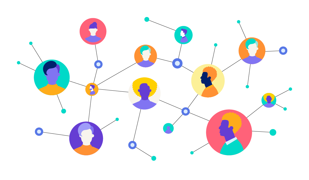 several colorful circles with random people in them