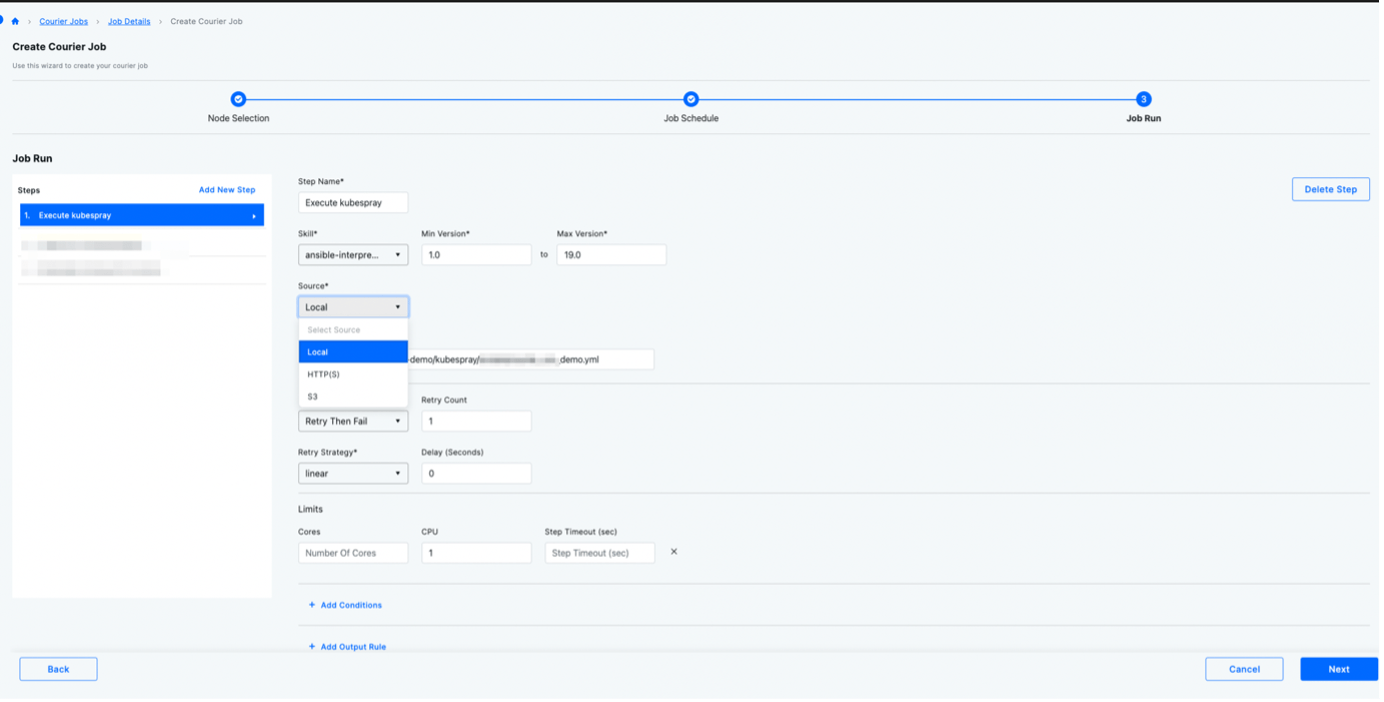 Create Courier Jobs Screenshot of a computer screen displaying various fields and drop-down menus