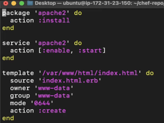 Figure 3 Chef Recipe for Apache Installation and Configuration Window featuring thirteen lines of multi-colored code with some lines being white, purple and yellow