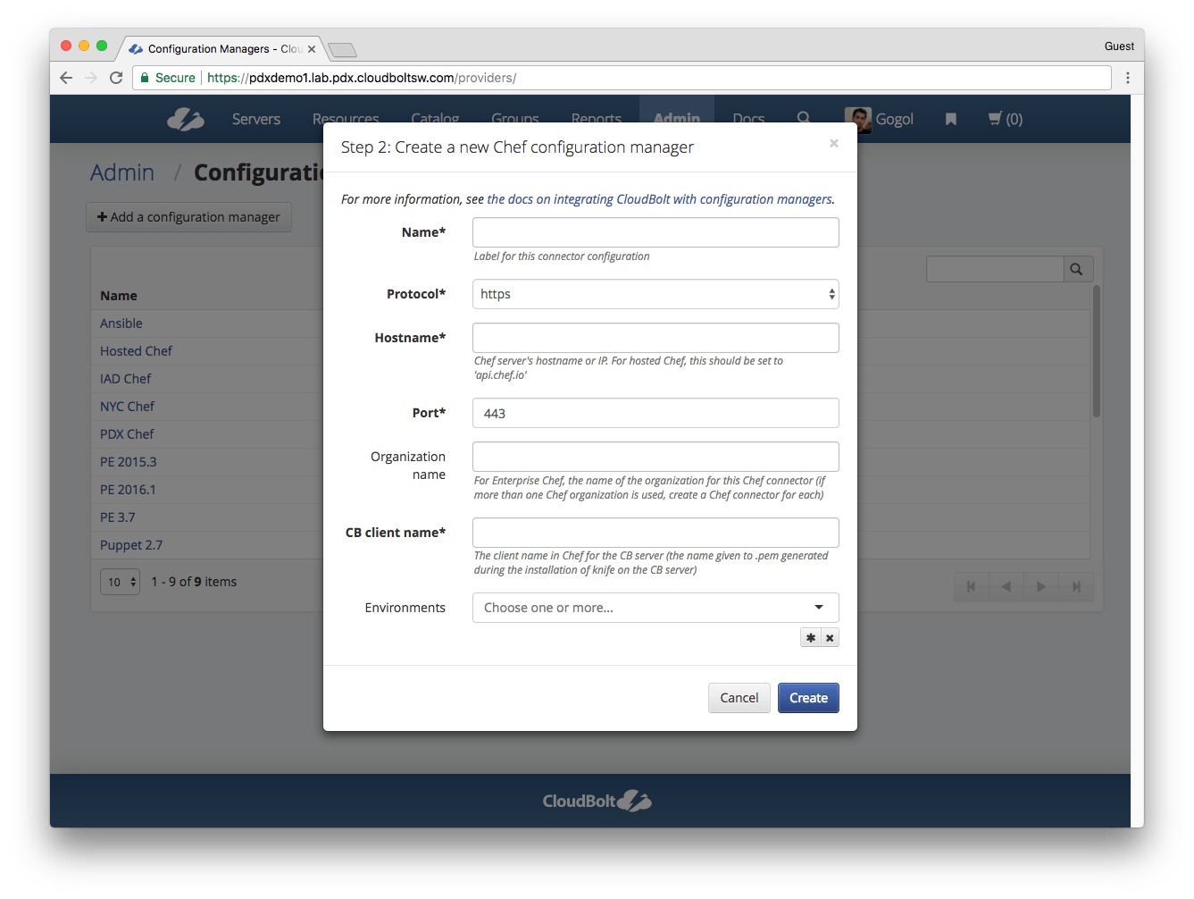 Creating a Chef config mgr in CloudBolt
